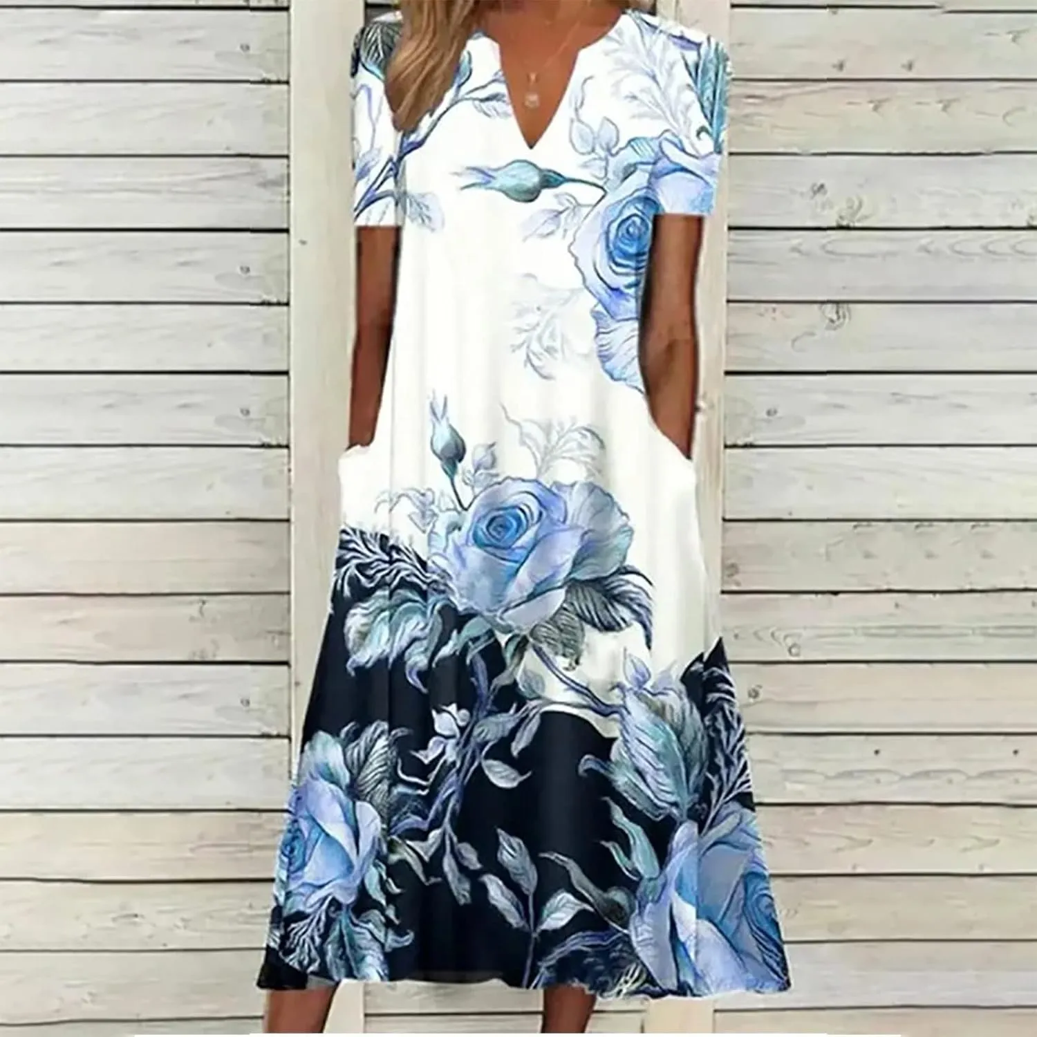 Summer Dresses for Women 20255 Casual Floral Short Sleeve A line Dress Beach Boho Sundress Tshirt Dress with Pockets
