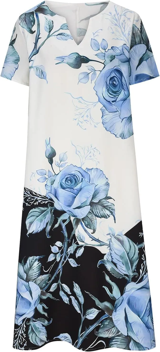 Summer Dresses for Women 20255 Casual Floral Short Sleeve A line Dress Beach Boho Sundress Tshirt Dress with Pockets