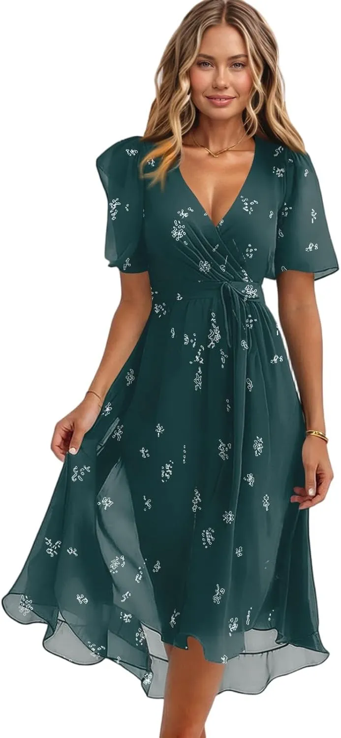Summer Floral Chiffon Dresses for Women 2025 Midi Trendy Flowy Swing Tie Elastic Waist Short Sleeve V Neck A Line Dress