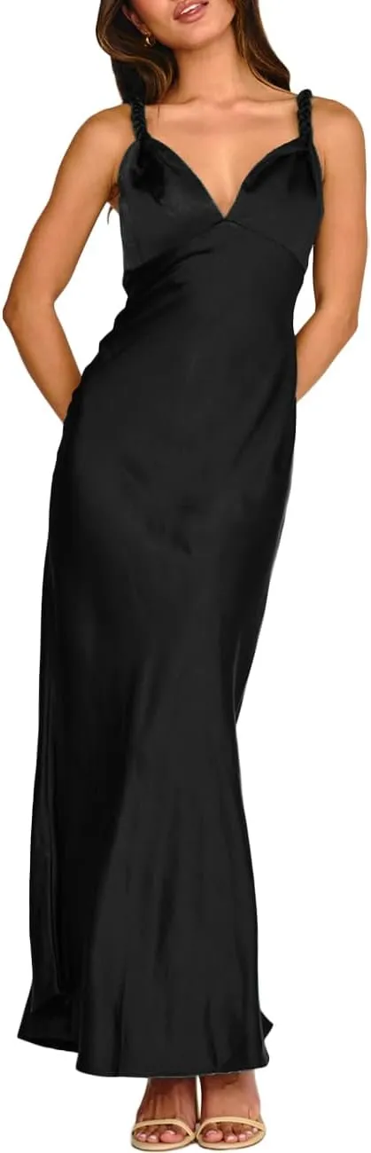 Summer Satin Braided Spaghetti Strap V Neck Maxi Dress for Women Elegant Silk Sleeveless Backless Midi Prom Dress