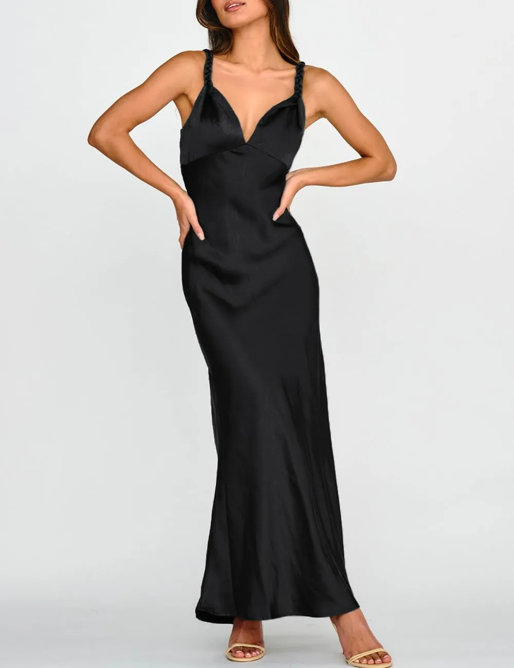 Summer Satin Braided Spaghetti Strap V Neck Maxi Dress for Women Elegant Silk Sleeveless Backless Midi Prom Dress