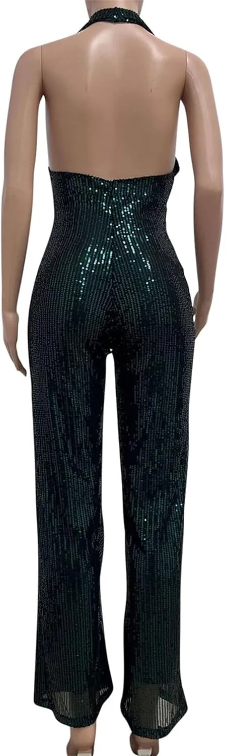 Summer Sequin Halter Hot Jumpsuit Wide Leg Pants Rompers Clubwear Sexy Party Sparkle Jumpsuit Playsuit