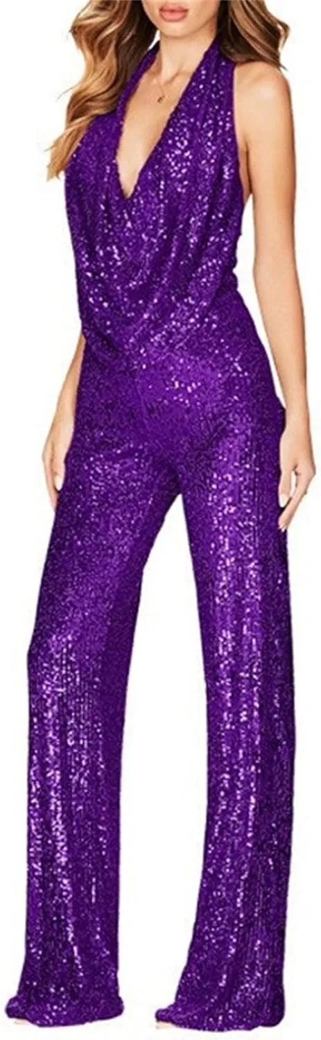 Summer Sequin Halter Hot Jumpsuit Wide Leg Pants Rompers Clubwear Sexy Party Sparkle Jumpsuit Playsuit