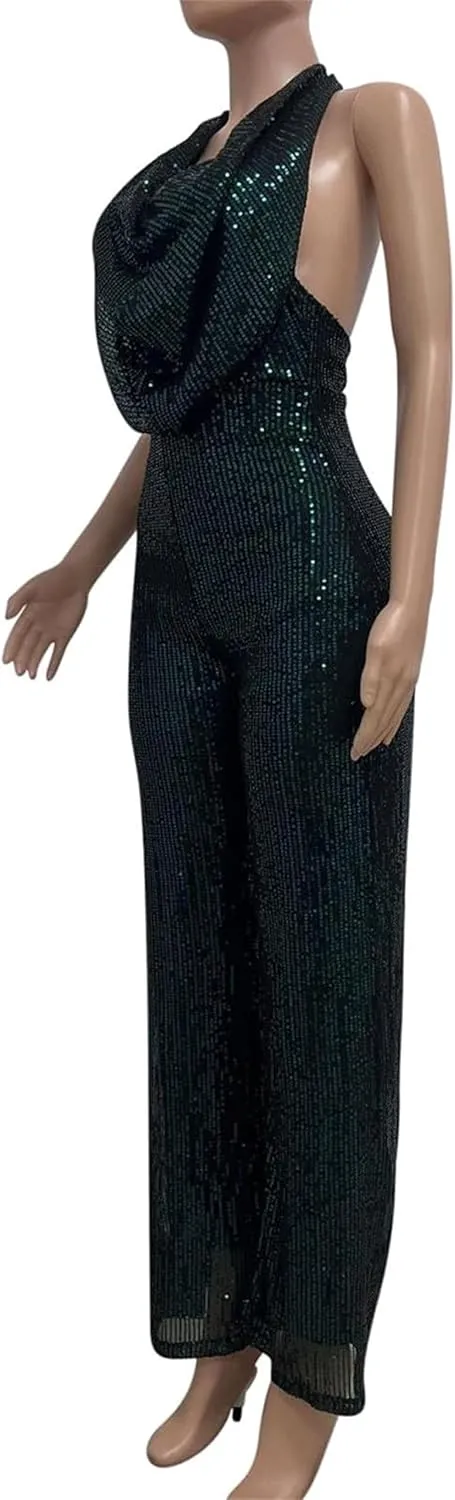 Summer Sequin Halter Hot Jumpsuit Wide Leg Pants Rompers Clubwear Sexy Party Sparkle Jumpsuit Playsuit