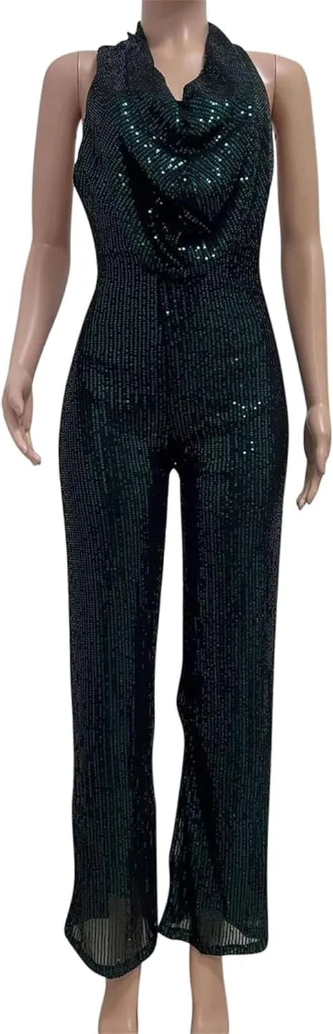 Summer Sequin Halter Hot Jumpsuit Wide Leg Pants Rompers Clubwear Sexy Party Sparkle Jumpsuit Playsuit