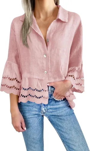 Summer Shirts for Women Fashion 3/4 Bell Sleeve Button Down Shirts Casual V Neck Lace Blouses Hollow Out Ruffle Hem Tops
