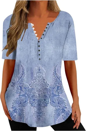 Summer Tops for Women 2024 Dressy Casual Boho Floral Print Tunic Shirts Short Sleeve Button Henley Tshirt Loose Blouse