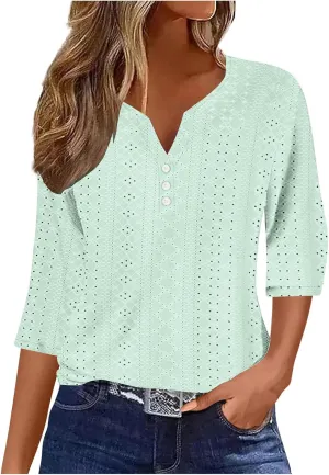 Summer Tops for Women 2025 Trendy 3/4 Sleeve v Neck Eyelet Shirts Dressy Casual Holiday Vacation Tunic Blouses