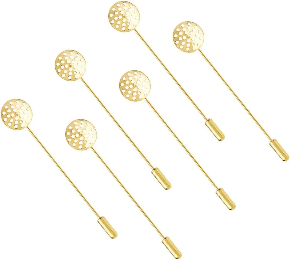 SUPERFINDINGS 30Pcs Golden Flat Round Tray Lapel Pin Brass Blank Brooch Pin Hat Pins Stick Pins with Tray and Stopper Ends for Men Women Suits Barge Collar Suit Tie DIY Costume Jewelry Making