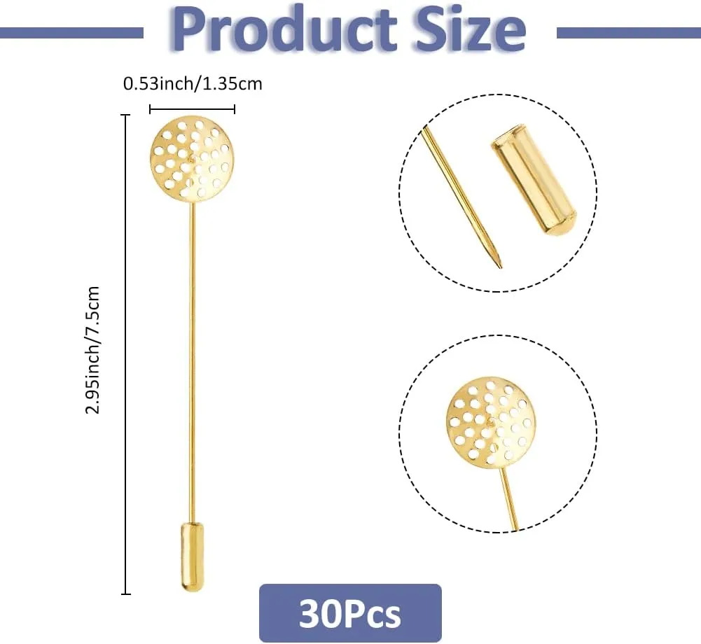 SUPERFINDINGS 30Pcs Golden Flat Round Tray Lapel Pin Brass Blank Brooch Pin Hat Pins Stick Pins with Tray and Stopper Ends for Men Women Suits Barge Collar Suit Tie DIY Costume Jewelry Making
