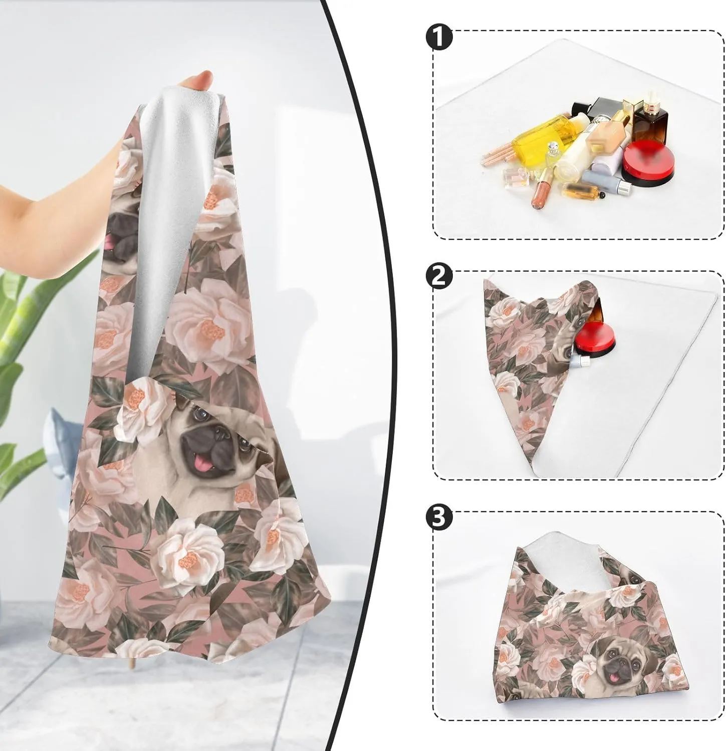 susiyo Pug Dog Rose Flowers Protective Wrap Anti-scratch Lens Camera Wrap Lens Protector Magic Self-Adhesive Cloth Wrapper Portable Cosmetic Bag Travel Organizer for Camera DSLR Laptop Accessories