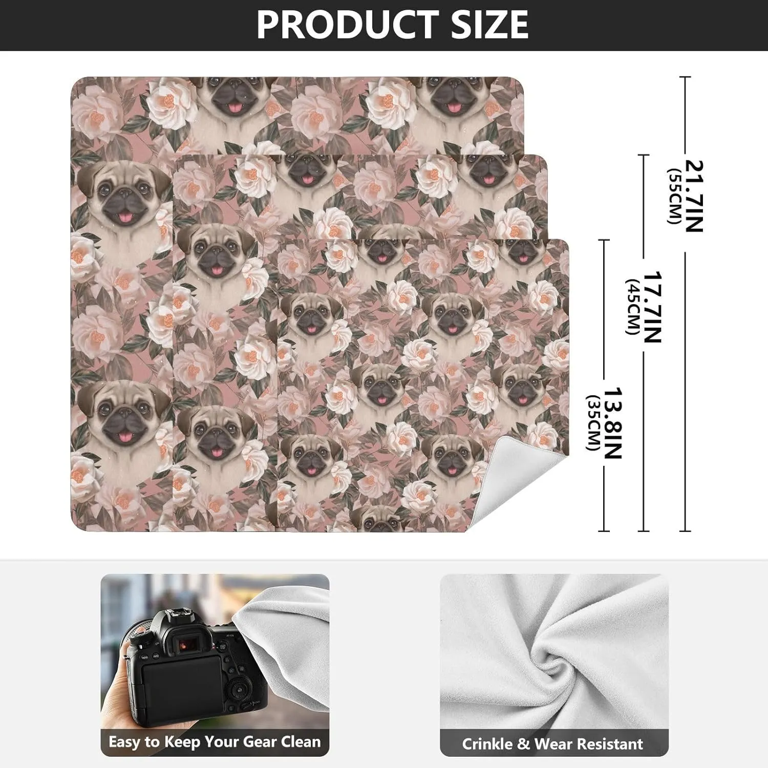 susiyo Pug Dog Rose Flowers Protective Wrap Anti-scratch Lens Camera Wrap Lens Protector Magic Self-Adhesive Cloth Wrapper Portable Cosmetic Bag Travel Organizer for Camera DSLR Laptop Accessories