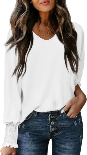 Tankaneo Womens Puff Long Sleeve Tops Oversized V Neck Shirts Dressy Casual Loose Fit Blouses Tees