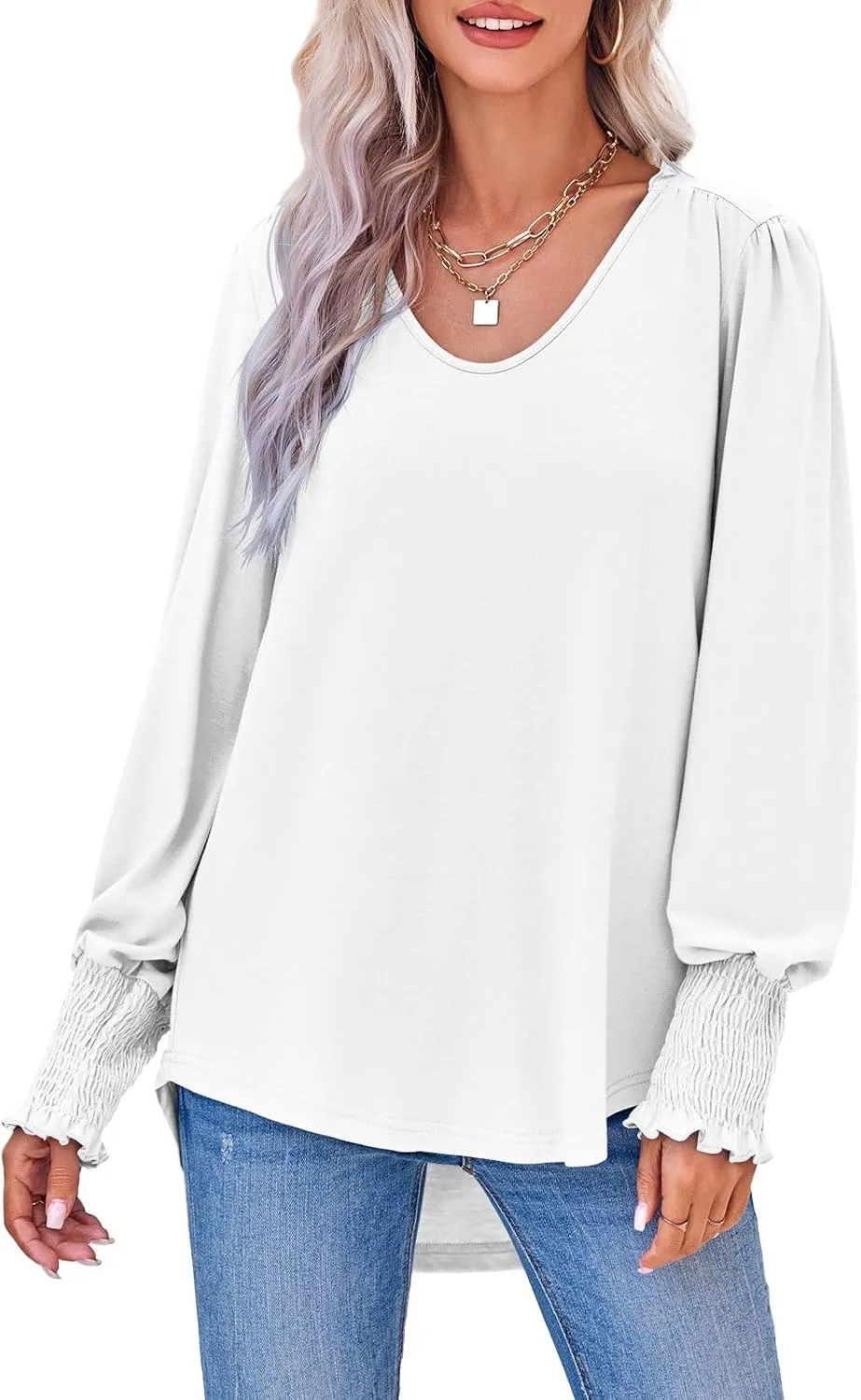 Tankaneo Womens Puff Long Sleeve Tops Oversized V Neck Shirts Dressy Casual Loose Fit Blouses Tees