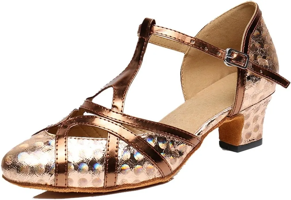 TDA Womens Mid Heel Printing Brown PU Leather Salsa Tango Ballroom Latin Party Dance Shoes CM101 5 M US