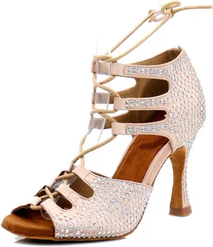 TDA Women's Sexy Lace-up Peep Toe Beige Crystals Satin Salsa Tango Ballroom Latin Dance Shoes 7 M US