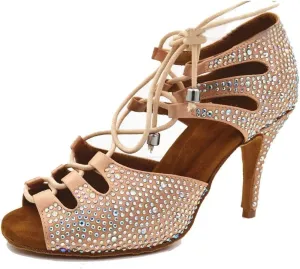 TDA Women's Sexy Lace-up Peep Toe Brown Crystals Satin Salsa Tango Ballroom Latin Dance Shoes 4 M US