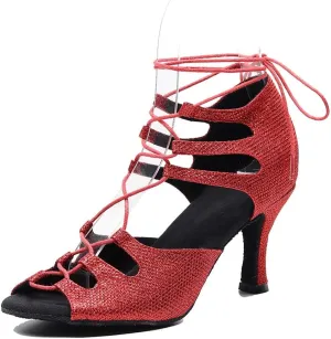 TDA Women's Sexy Lace-up Peep Toe Glitter Red Synthetic Salsa Tango Ballroom Latin Dance Shoes 8.5 M US