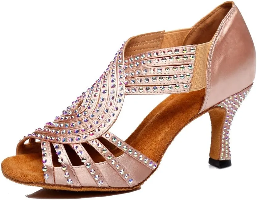 TDA Womens Slip-on Flaced Heel Beige Satin Crystals Latin Modern Salsa Tango Ballroom Wedding Dance Shoes 5.5 M US