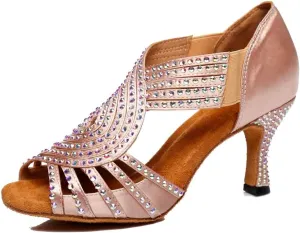 TDA Womens Slip-on Flaced Heel Beige Satin Crystals Latin Modern Salsa Tango Ballroom Wedding Dance Shoes 5.5 M US