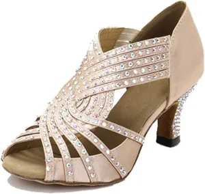 TDA Womens Zipper Mid Heel Beige Satin Crystals Latin Modern Salsa Tango Ballroom Wedding Dance Shoes 8.5 M US