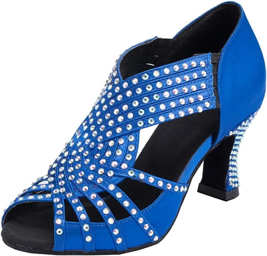 TDA Womens Zipper Mid Heel Blue Satin Crystals Latin Modern Salsa Tango Ballroom Wedding Dance Shoes 6 M US
