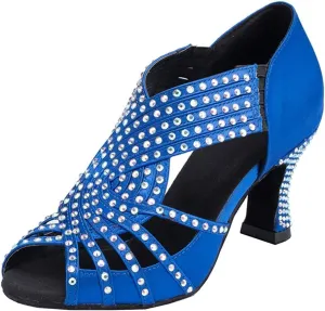 TDA Womens Zipper Mid Heel Blue Satin Crystals Latin Modern Salsa Tango Ballroom Wedding Dance Shoes 6 M US