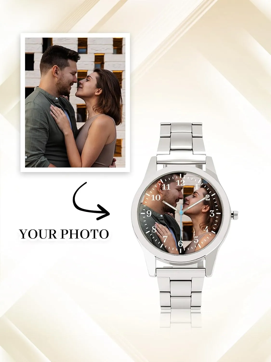 Top Plaza Personalized Photo Watch for Men Custom Analogue Quartz Watches Metal Bracelet Watch Gift for Husband
