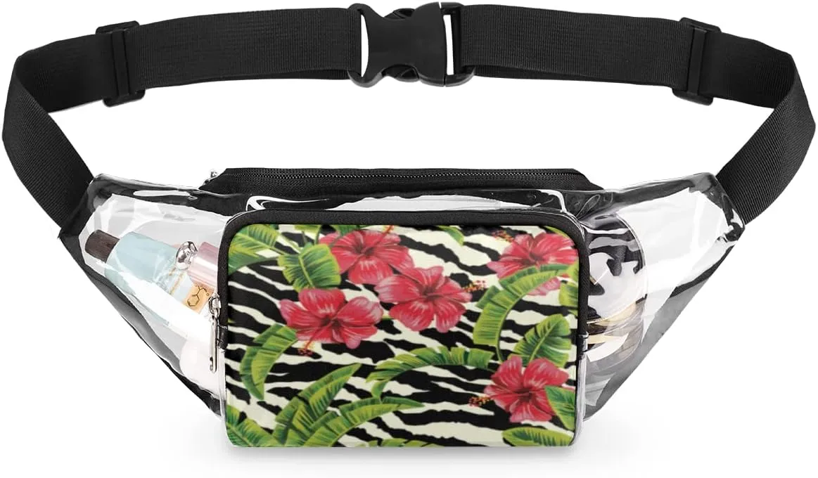 Tropical Flower Hibiscus Clear Fanny Pack Stadium Approved Adjustable Clear Belt Bag Cute Waist Bags for Women Men Travel Sports Events Hiking Concerts
