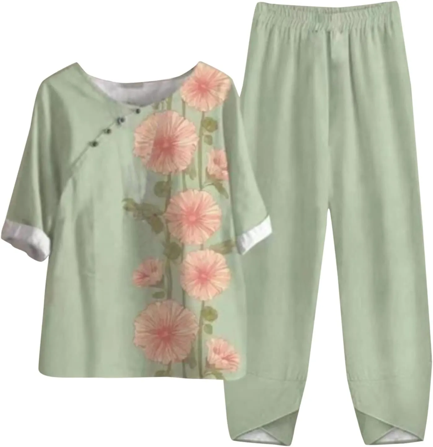 Two Piece Outfits for Women 2025 Women's Casual Linen Button Shirt High Waist Loose Curvy Straight Leg Pant