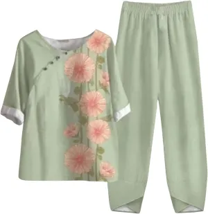 Two Piece Outfits for Women 2025 Women's Casual Linen Button Shirt High Waist Loose Curvy Straight Leg Pant