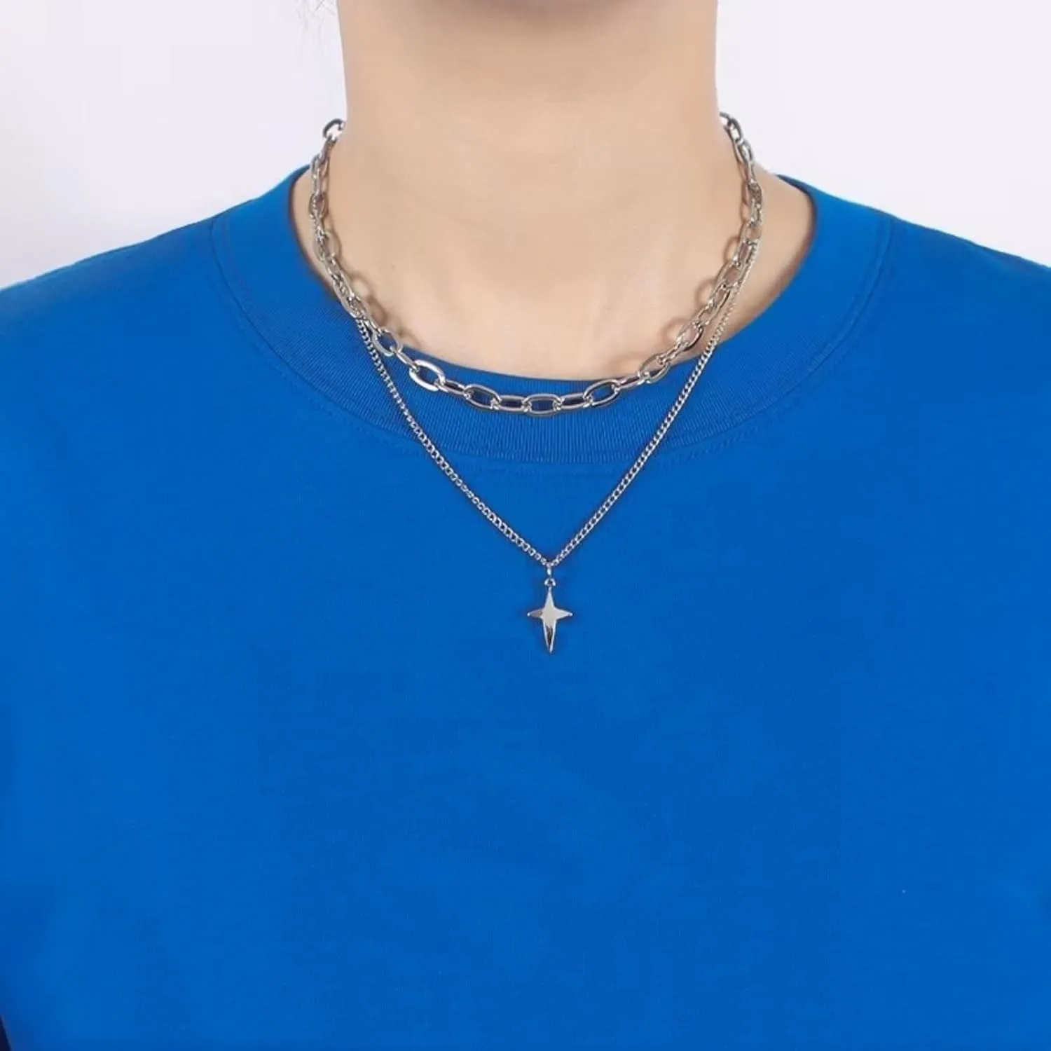 Two Piece Y2k Irregular Starlight Necklace for Women Snake Bone Chain Pendant Jewelry Collar Chain Blue