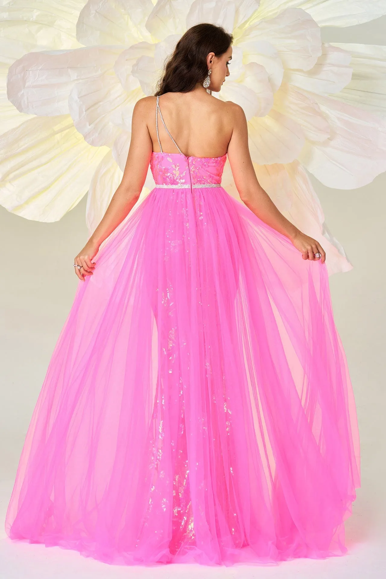 Two Tone One Shoulder Empire Sparkly Party Evening Dress