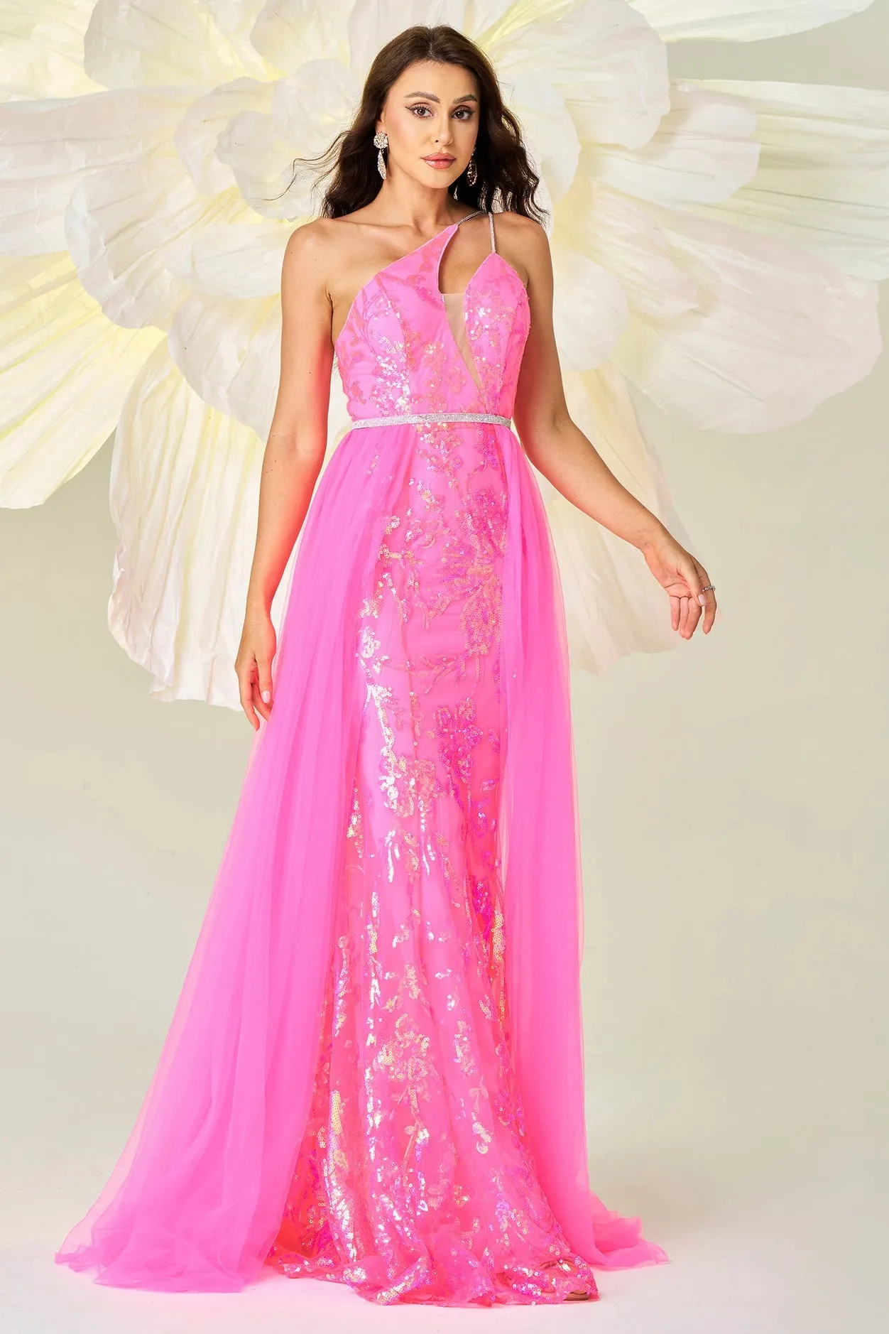 Two Tone One Shoulder Empire Sparkly Party Evening Dress
