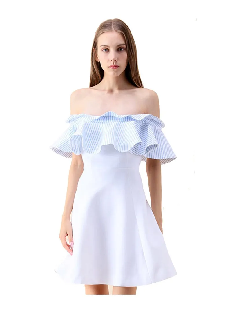 Two-tone Ruffle Off Shoulder Flared Party Dress