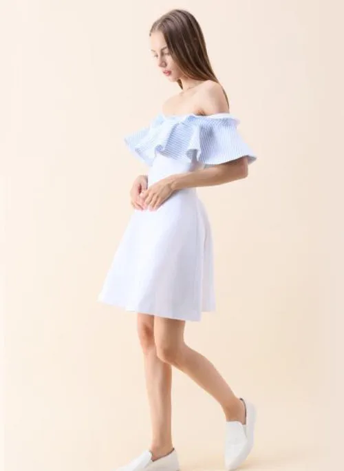 Two-tone Ruffle Off Shoulder Flared Party Dress