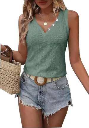 V Neck Tank Tops for Women Summer Casual Button Down Sleeveless T Shirts Casual Loose Tops Clothes Outfits