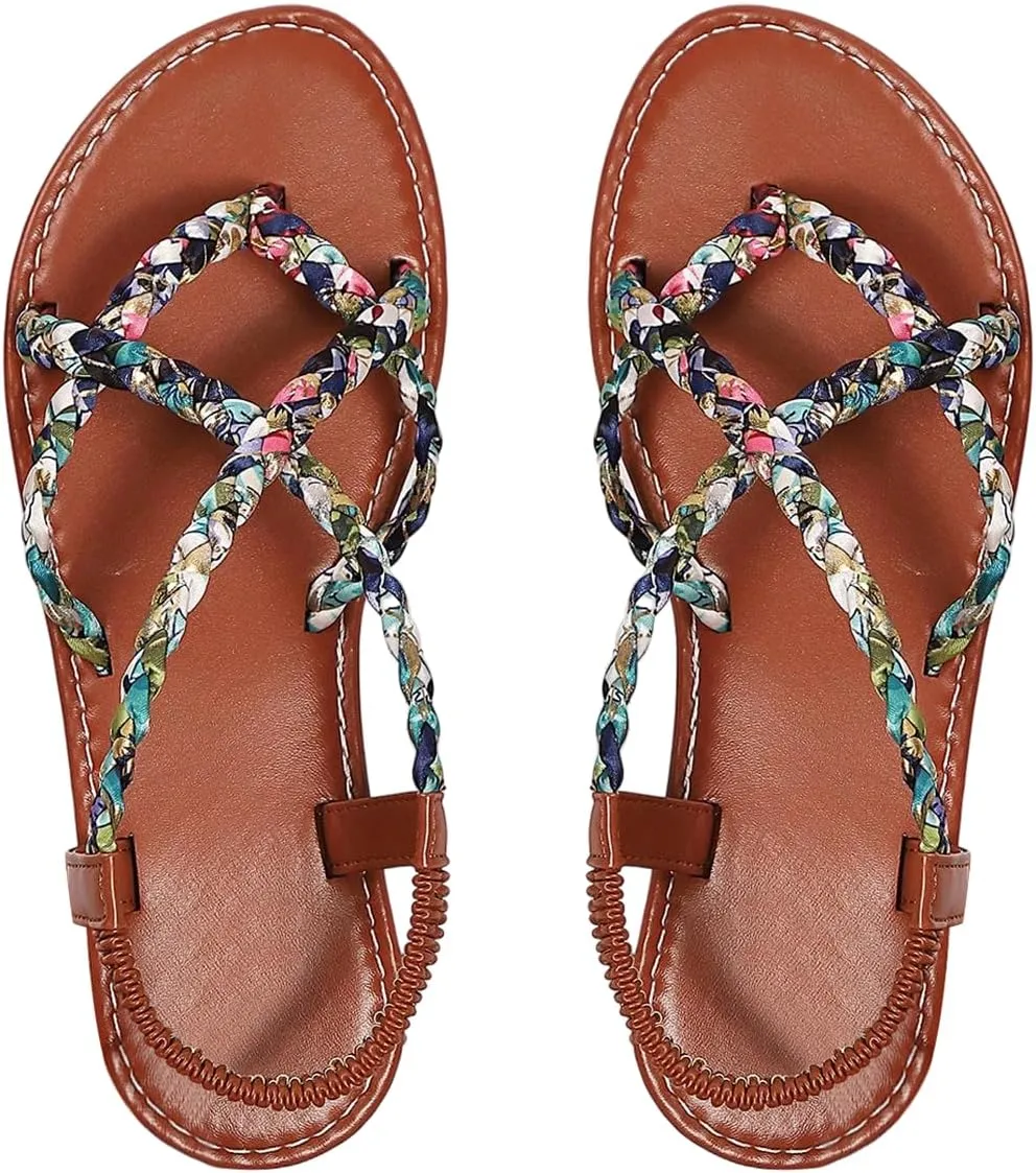 Verdusa Women's Flat Sandals Strappy Dressy Ankle Strap Casual Summer Thong Sandals for Beach
