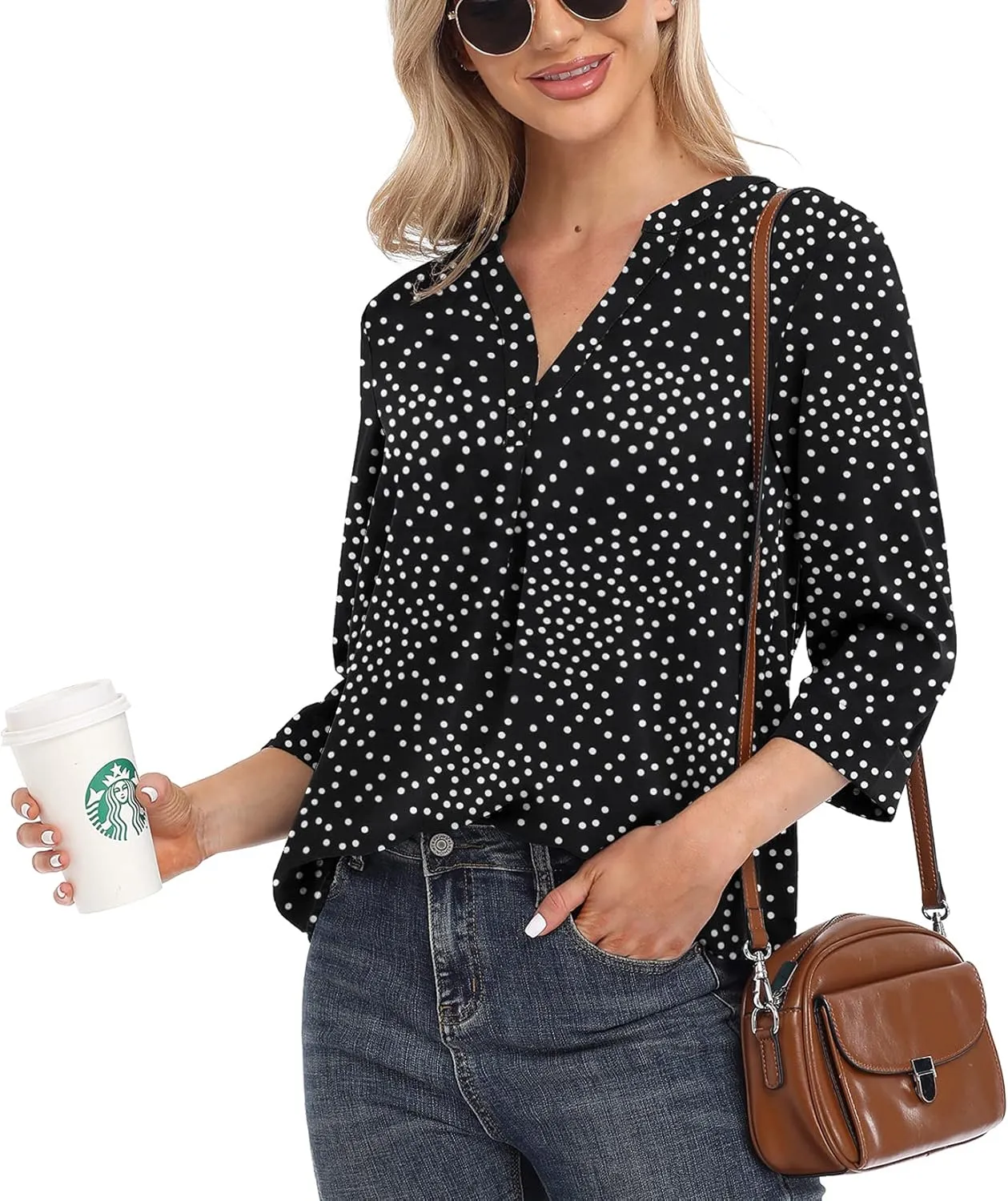 VIISHOW Womens Tops Casual Chiffon Blouses Tops 3/4 Sleeve V Neck Tunic Top Loose Shirt