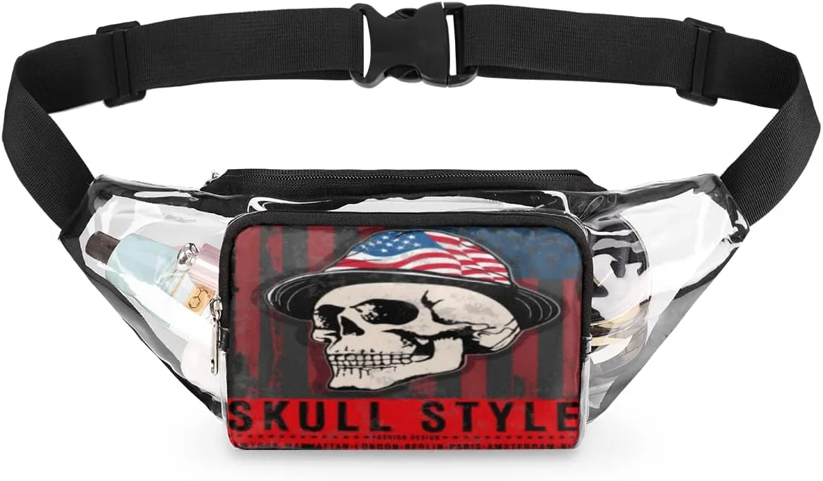 Vintage American Flag Skull Clear Fanny Pack Stadium Approved Adjustable Clear Belt Bag Cute Waist Bags for Women Men Travel Sports Events Hiking Concerts