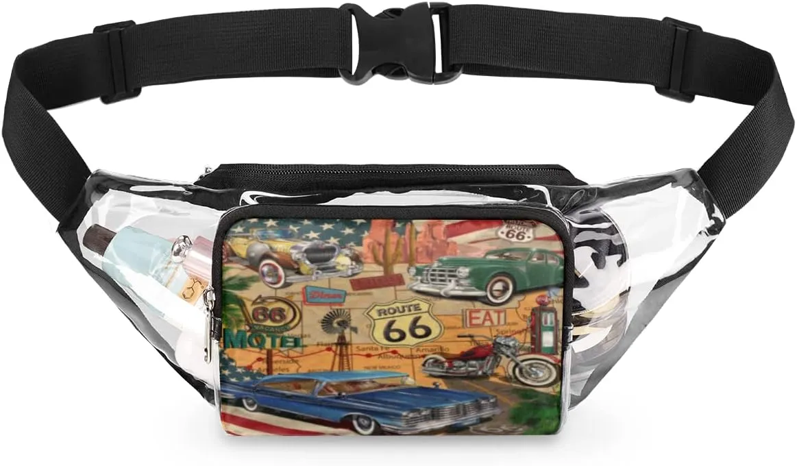 Vintage Car Themed Poster Clear Fanny Pack Stadium Approved Adjustable Clear Belt Bag Cute Waist Bags for Women Men Travel Sports Events Hiking Concerts