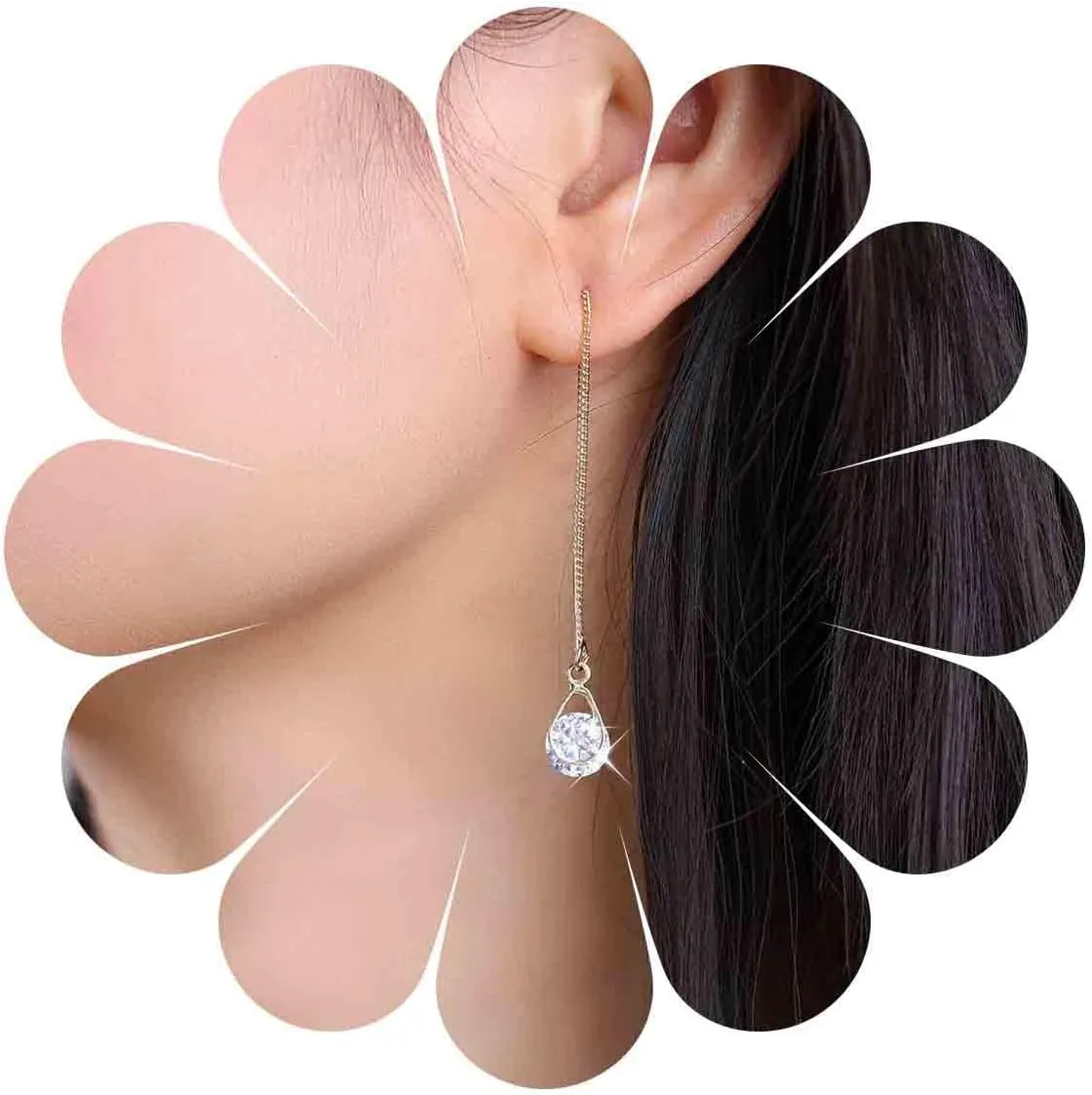 Vintage Crystal Teardrop Threader Earrings Rhinestone Waterdrop Stud Earrings Long Chain Tassel Dangle Earrings Bar Pull Through Earrings Jewelry for Women