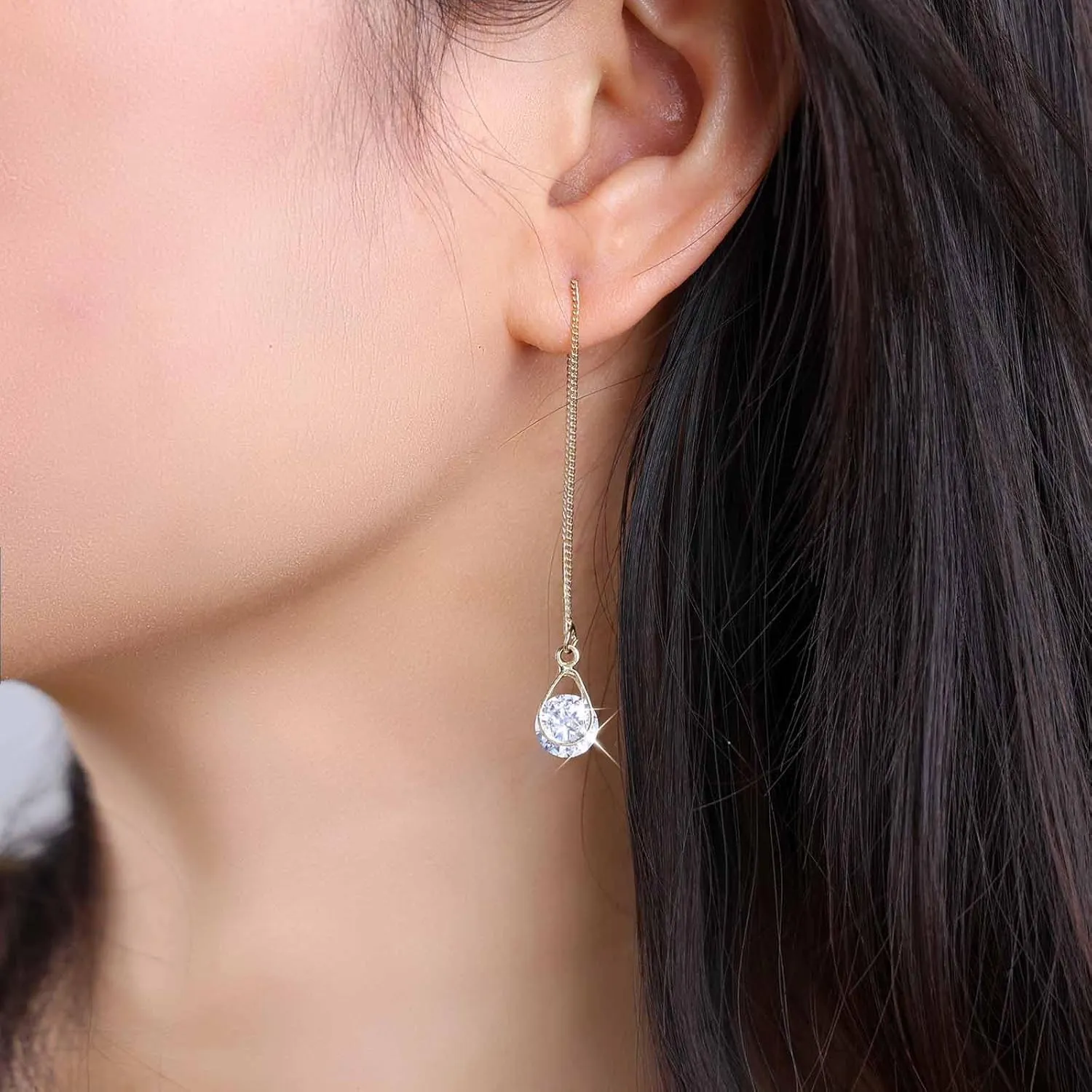 Vintage Crystal Teardrop Threader Earrings Rhinestone Waterdrop Stud Earrings Long Chain Tassel Dangle Earrings Bar Pull Through Earrings Jewelry for Women