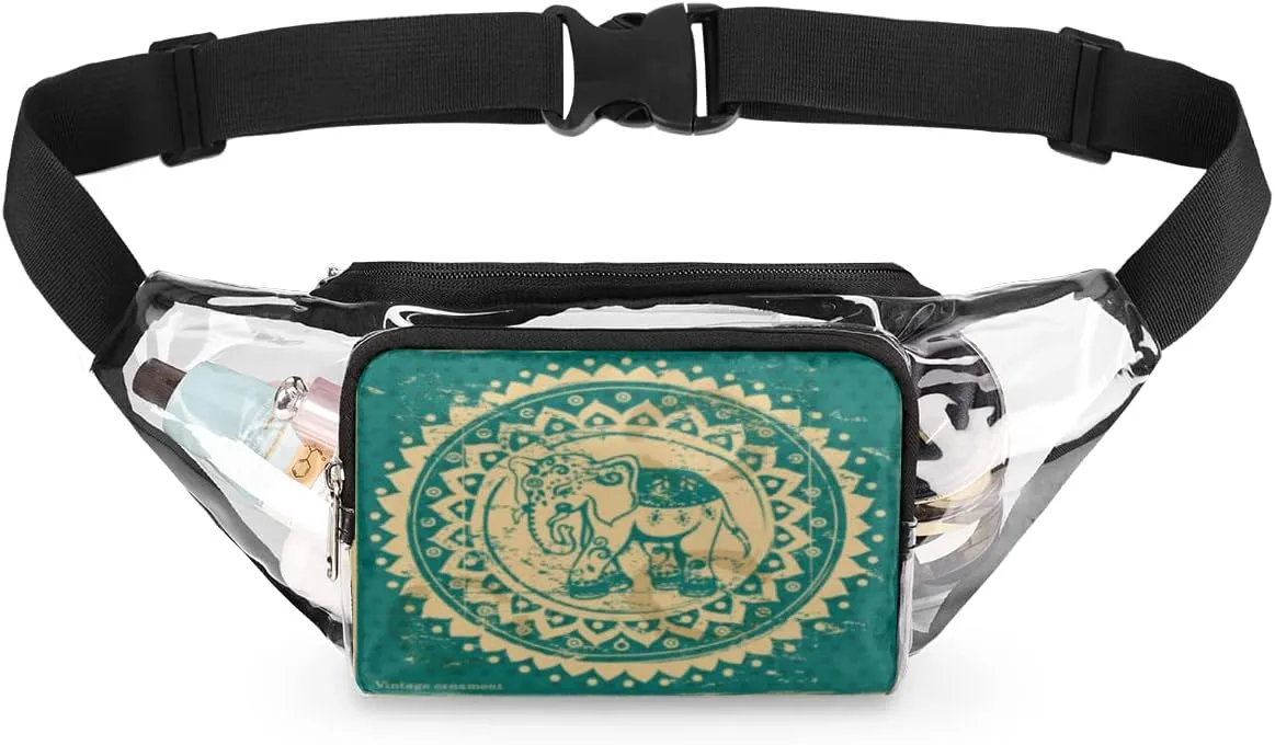 Vintage Elephant Art Clear Fanny Pack Stadium Approved Adjustable Clear Belt Bag Cute Waist Bags for Women Men Travel Sports Events Hiking Concerts