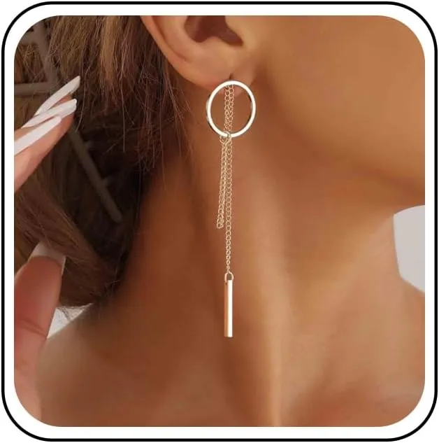 Vintage Long Circle Bar Earrings Vertical Bar Drop Earrings Gold Hollow Circle Stud Earrings Geometric Long Chain Earrings Jewelry for Women and Girls