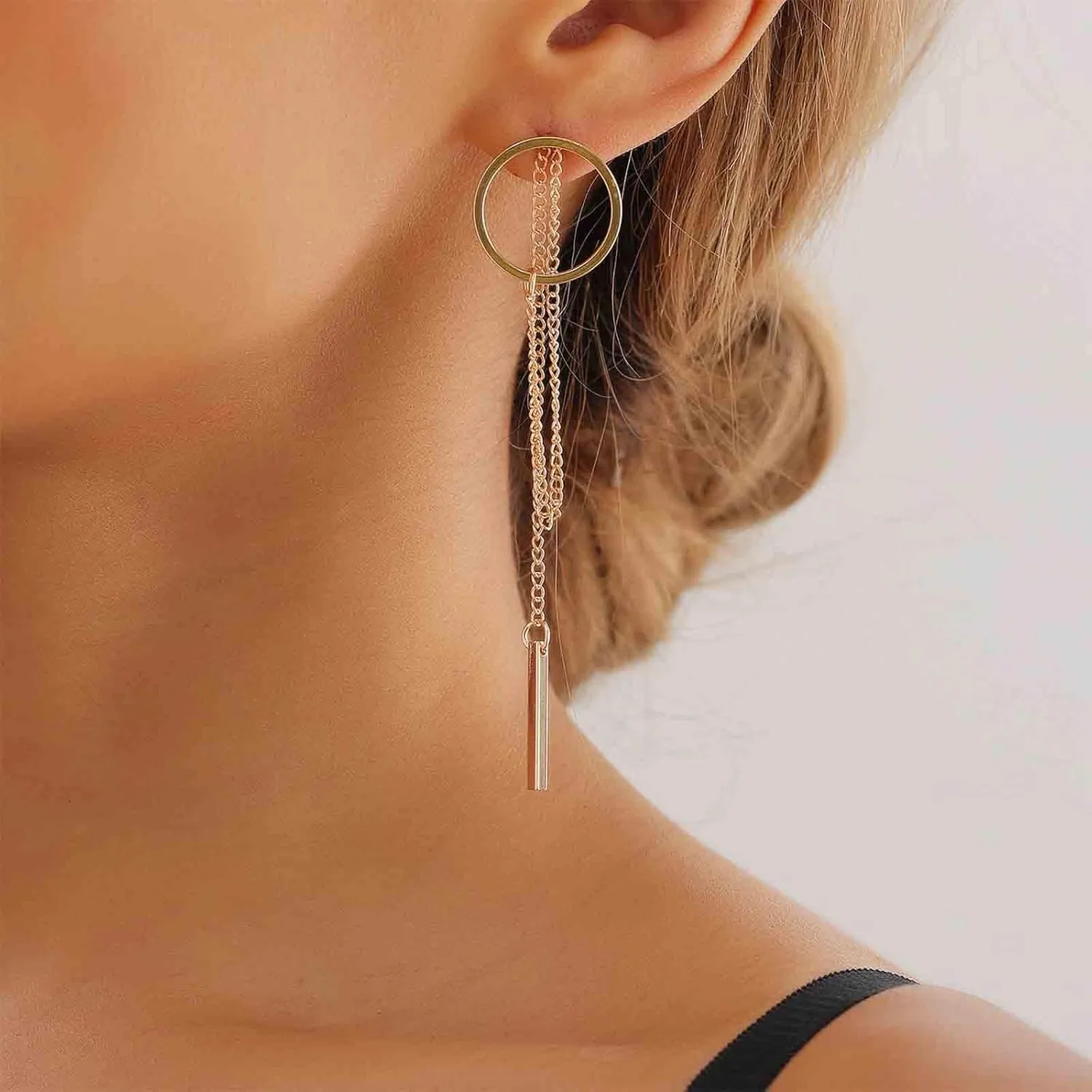 Vintage Long Circle Bar Earrings Vertical Bar Drop Earrings Gold Hollow Circle Stud Earrings Geometric Long Chain Earrings Jewelry for Women and Girls