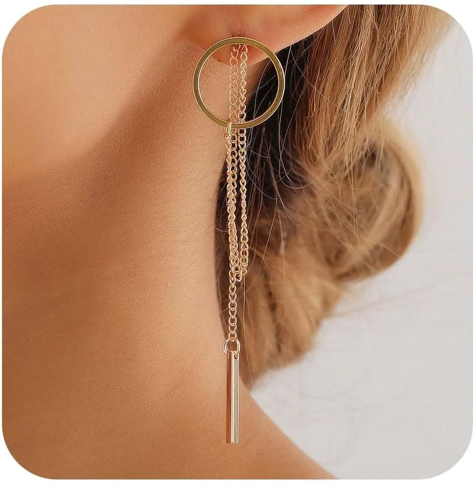 Vintage Long Circle Bar Earrings Vertical Bar Drop Earrings Gold Hollow Circle Stud Earrings Geometric Long Chain Earrings Jewelry for Women and Girls