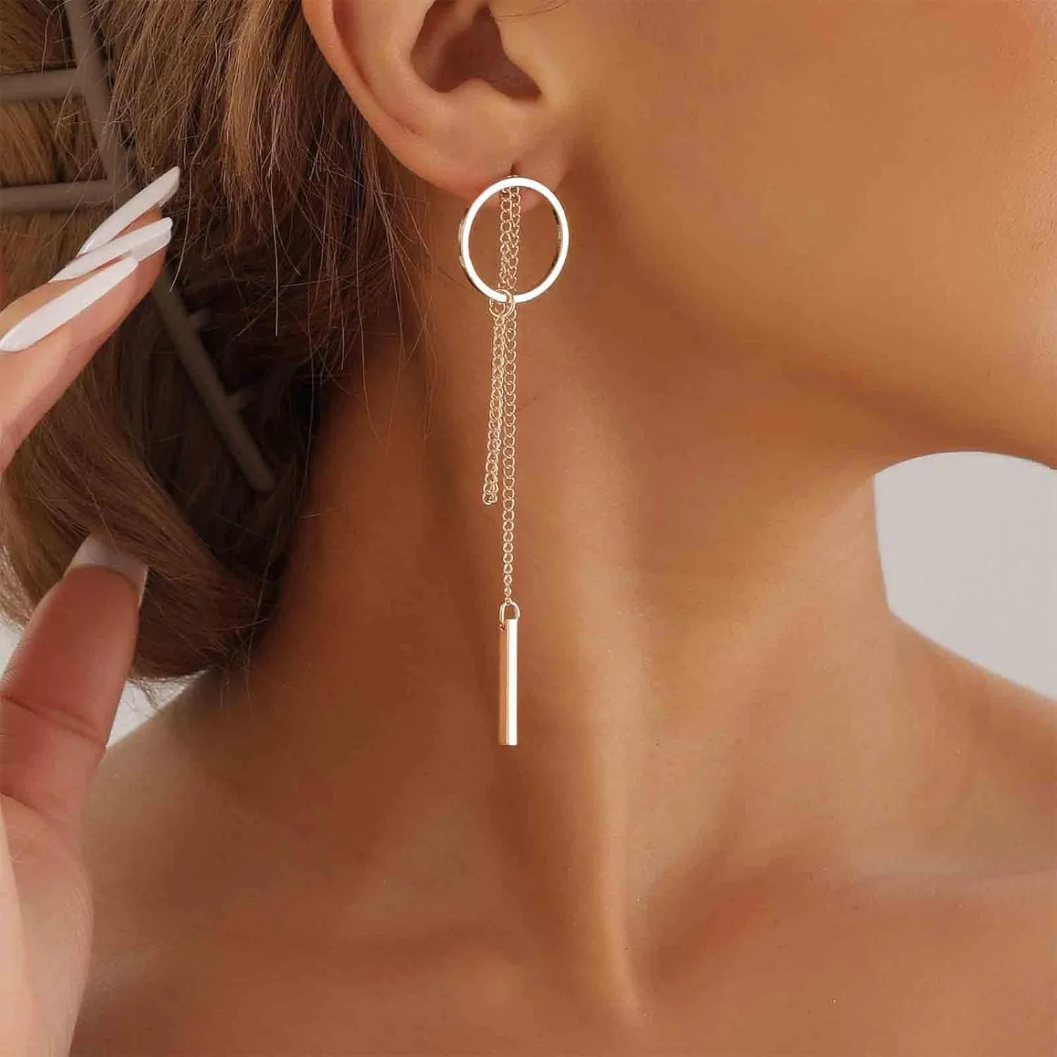 Vintage Long Circle Bar Earrings Vertical Bar Drop Earrings Gold Hollow Circle Stud Earrings Geometric Long Chain Earrings Jewelry for Women and Girls