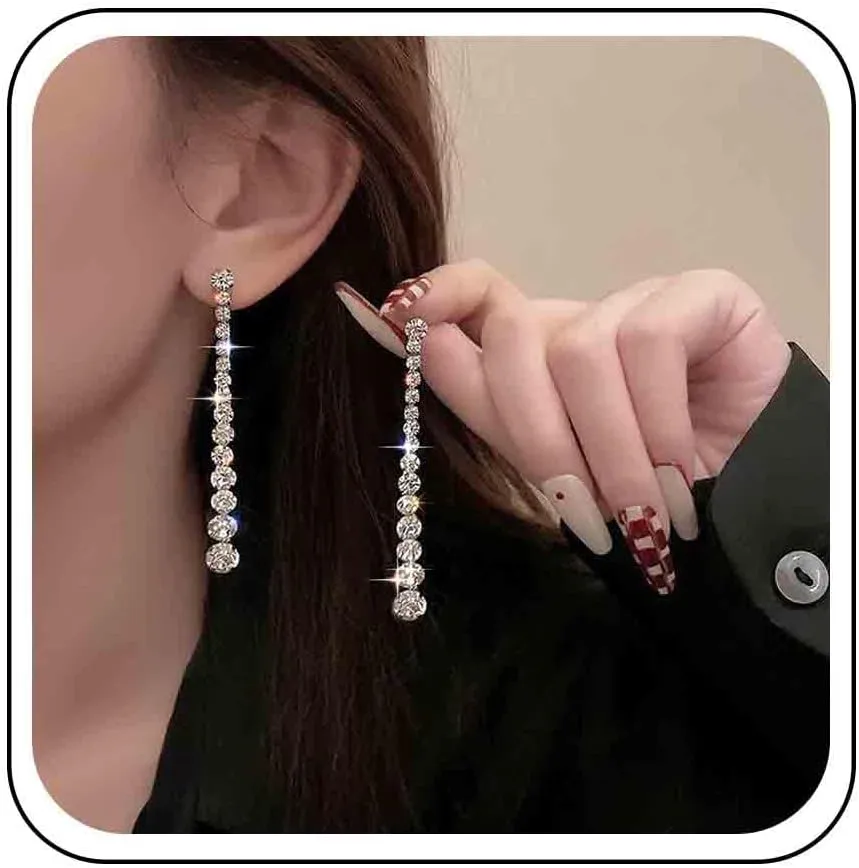 Vintage Long Crystal Drop Earrings Rhinestone Bar Dangle Earrings Silver Long Cz Tassel Chain Earrings Crystal Tennis Chain Stud Earrings Cz Line Drop Earrings For Women