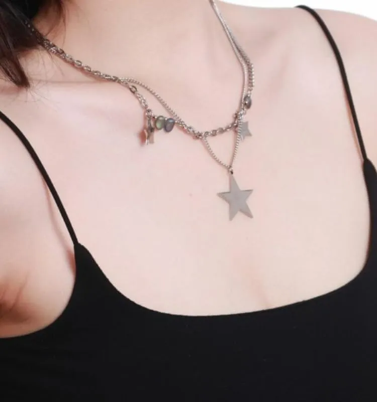 Vintage Star Necklace Y2K Jewelry Fairy Grunge Necklace Cute Double Layer Alt Necklace Y2K Accessories